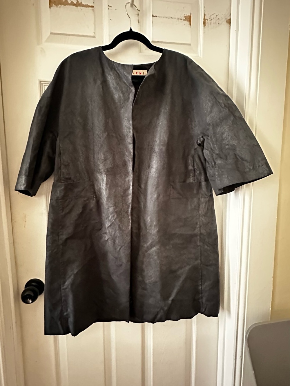 Marni Short Coat Duster Waxed Cotton/Leather Gray size IT 44 Pockets